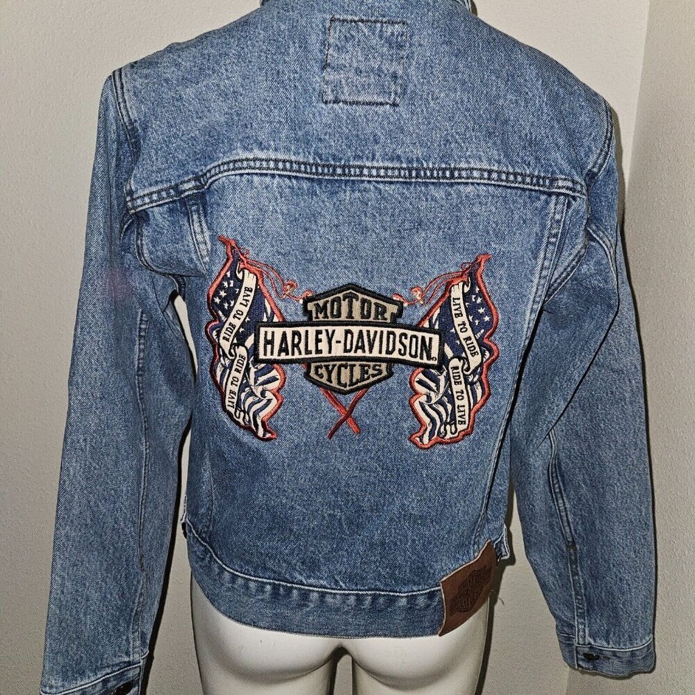 Biker Blues Harley Davidson Cropped Denim Jacket Embroidered Flags Ladies Small